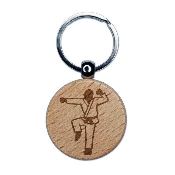 Kung Fu Martial Arts Hang Stance Karate Gi Round Keychain Charm Tag - Engraved Wood