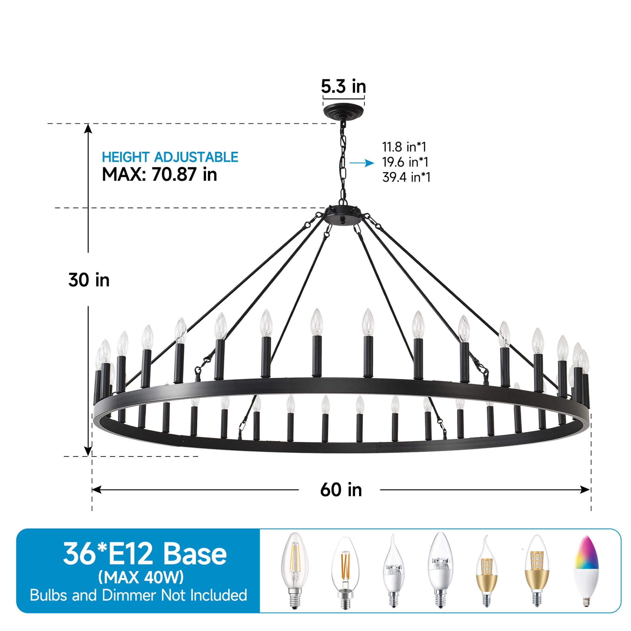 GDF Studio 60" Farmhouse Wagon Wheel Chandelier, 36-Light Adjustable Chain Ceiling Light, Matte Black