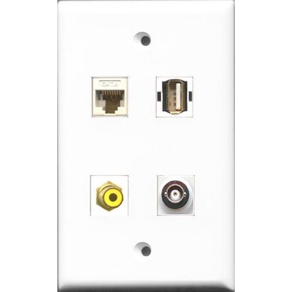 RiteAV 1 Port RCA Yellow and 1 Port USB A-A and 1 Port BNC and 1 Port Cat6 Ethernet White Wall Plate