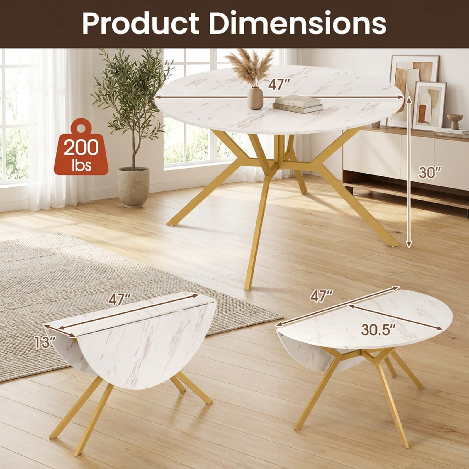 Furnibear Folding Dining Table 47 Inch Extendable Round Kitchen Table with Drop Leaves for Kitchen Dining Room Breakfast Nook Small Space Home, White