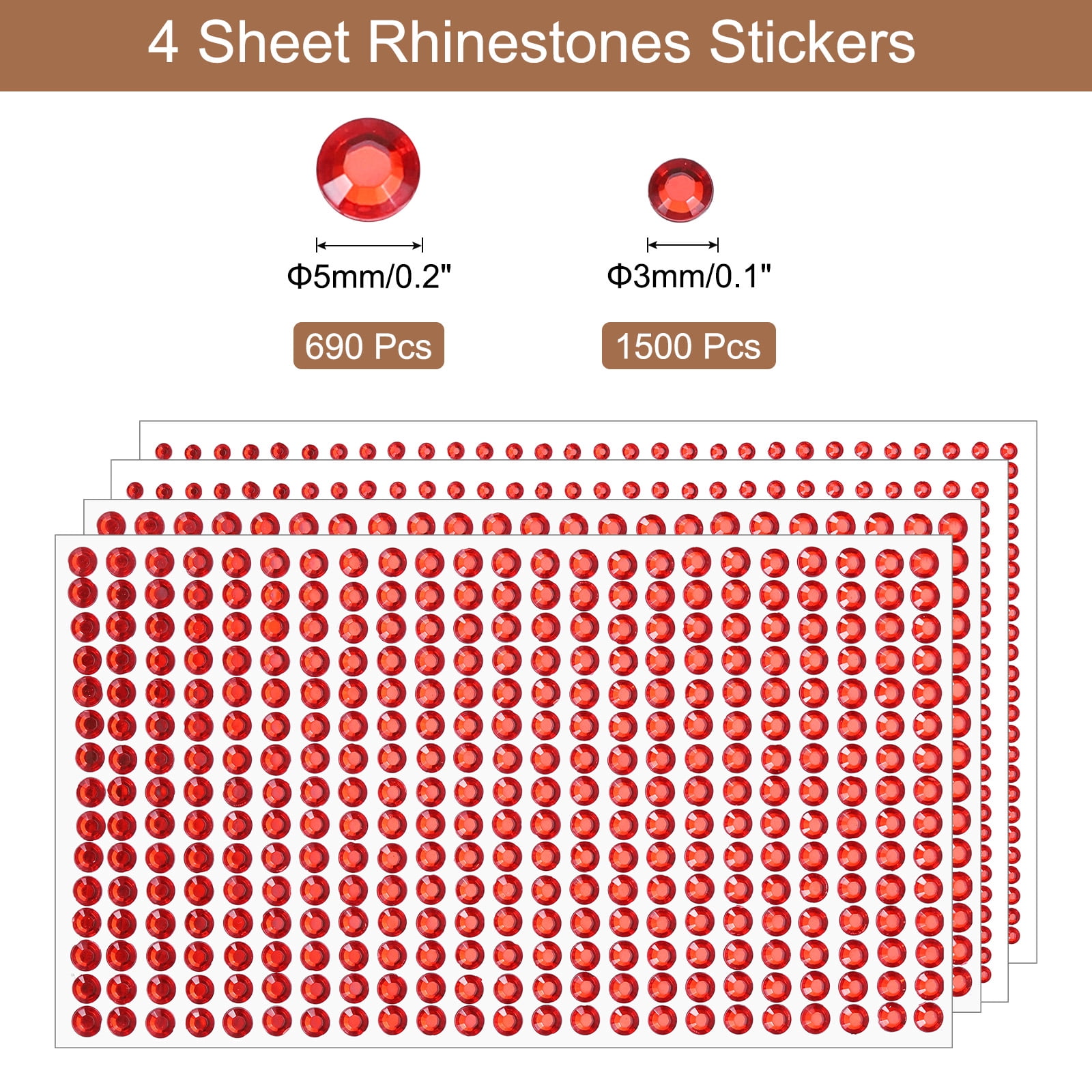 Unique Bargains 4 Sheet Self-Adhesive Round Rhinestone Stickers 2190Pcs 3mm/5mm Red