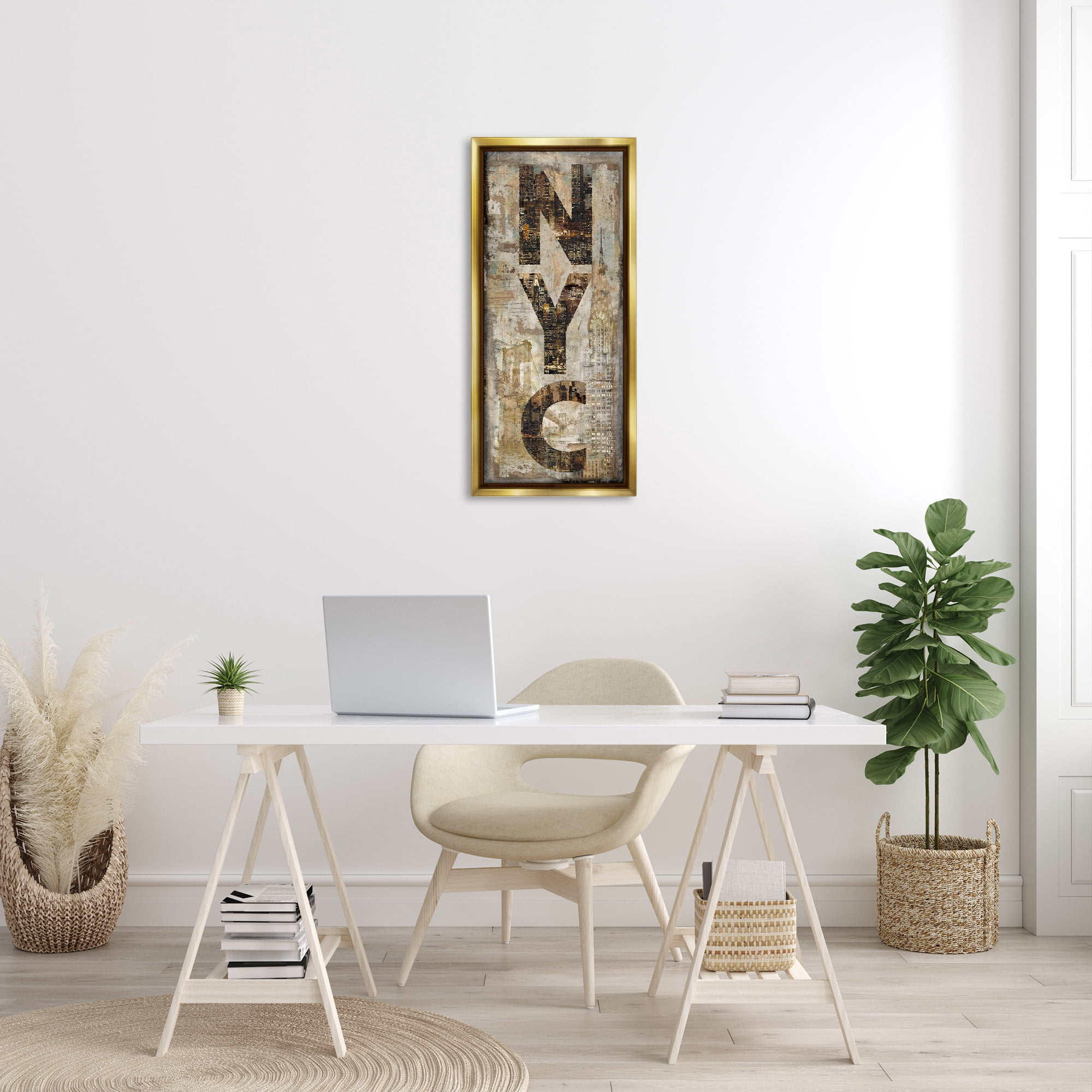 Stupell Industries New York City Montage Collage Town & City Painting Gold Floater Framed Canvas Art Print Wall Art, 15 x 31