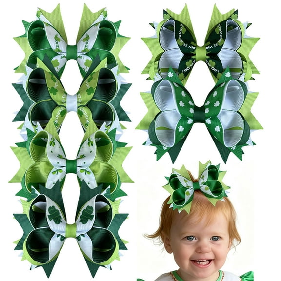 JoyBowie 6pcs 5 Inch St Patrick’s Day Clover Hair Bows for Girls, 4.5 Inch Satin Clips for Kids Holiday Party Hairstyles