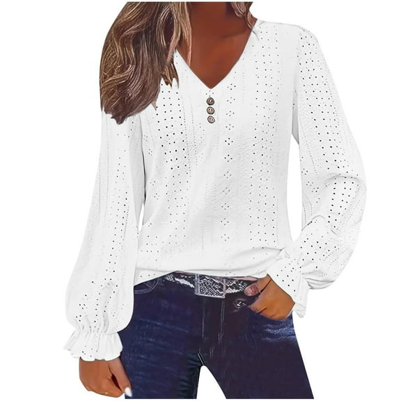 SHTXOZHI V Neck Blouses for Women Long Sleeve Solid Color Fall Shirt Hollow Out Fashion Tops