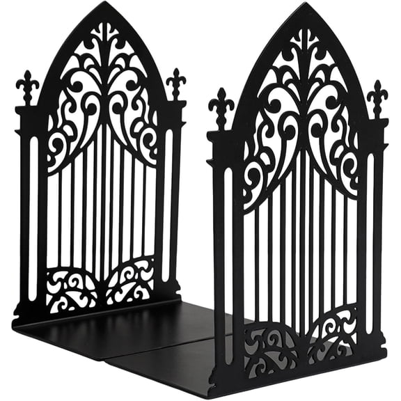 2pcs Gothic Arch Iron Bookends - Black Decorative Shelf Support Set, Medieval Style Symmetrical Design for Bookshelf Decor and Dark Academia Accent