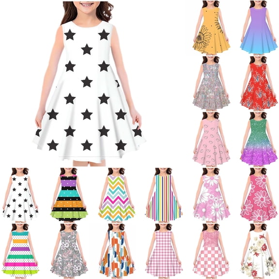 SROBPTY Girls Dress Print Crew Neck Sleeveless Mid-Length Summer Sundress for 4-14 Years