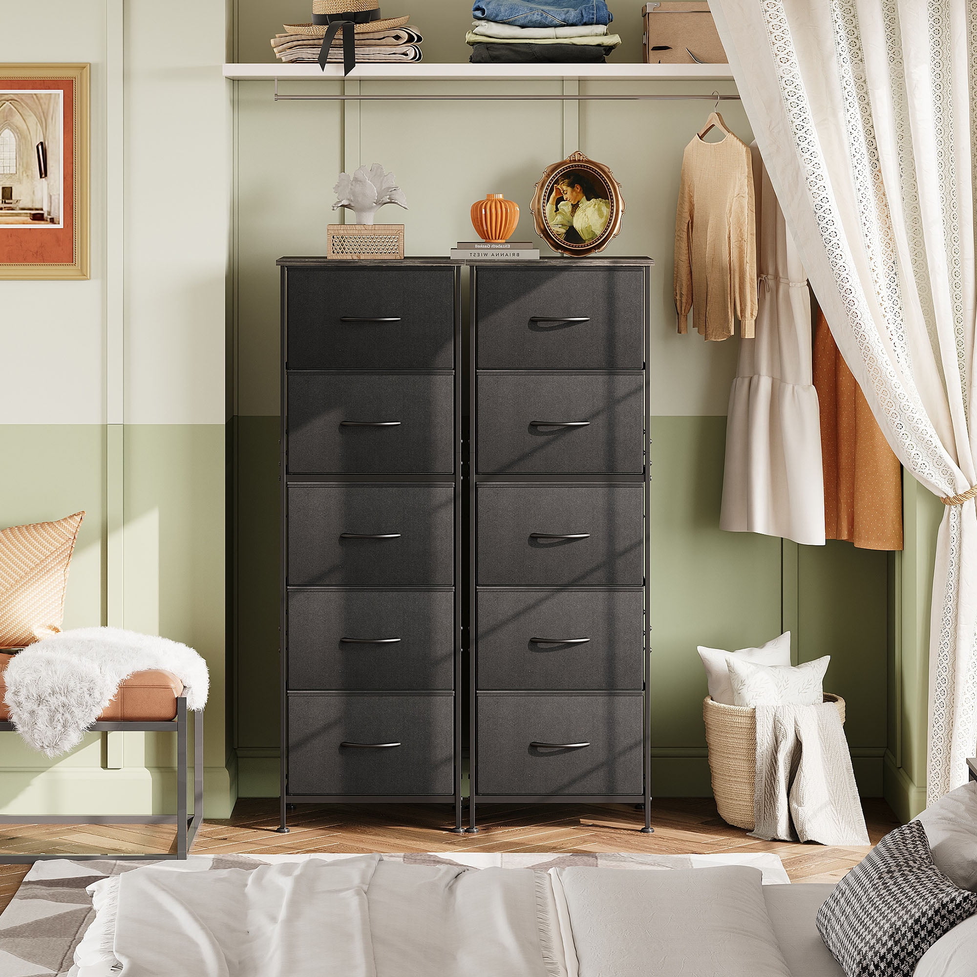 GALAXHERO 5-Drawer Tall Fabric Dresser with Wood Top, Storage Organizer Chest for Bedroom, Closet, Hallway, Sturdy Steel Frame, Charcoal Black