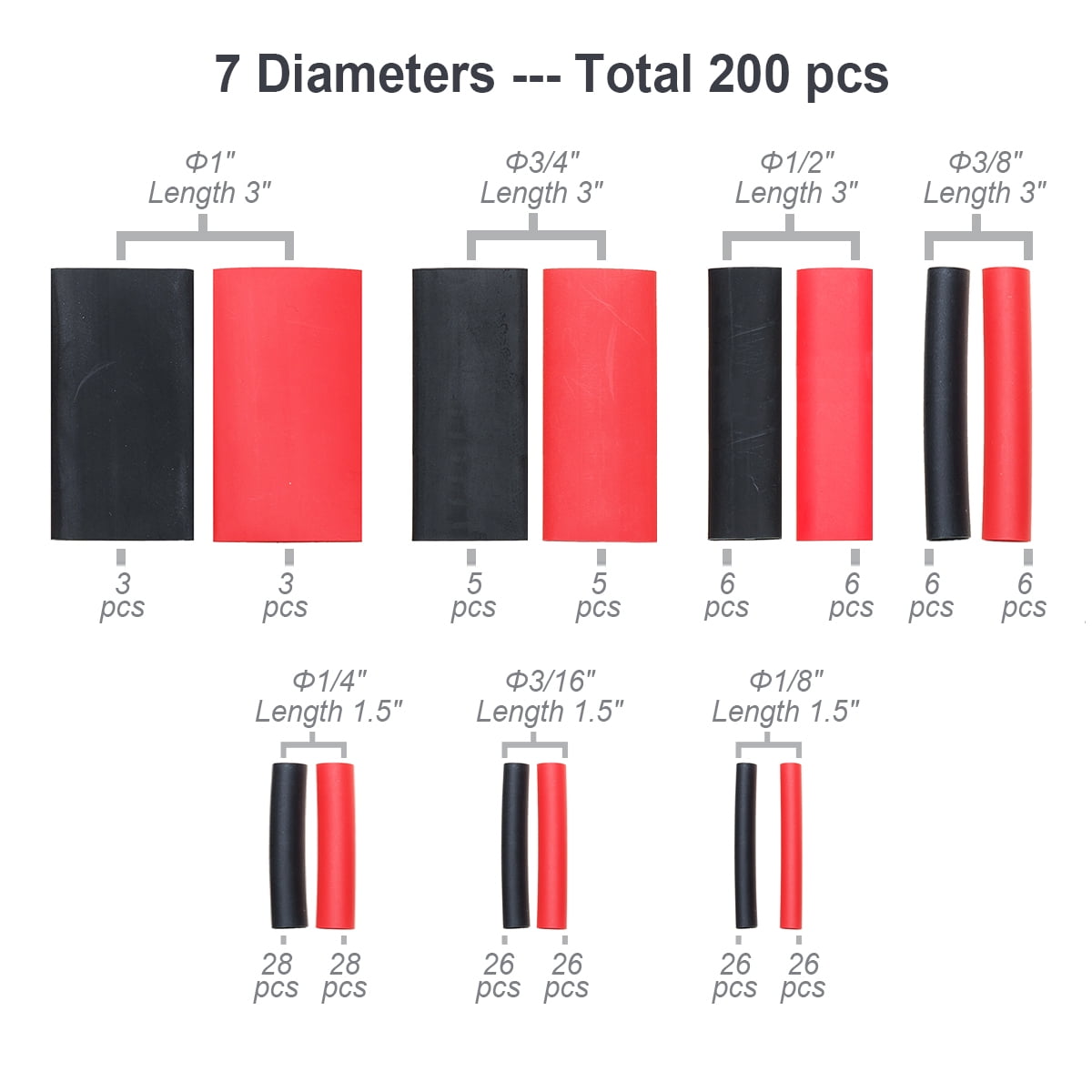 200PCS 3:1 Heat Shrink Tubing Dual-wall Adhesive Lined Tube 7 Sizes 1" 3/4" 1/2" 3/8" 1/4" 3/16" 1/8" for Electronic Electrical Cables Battery Terminal Connectors Wire Lugs Daily Repair