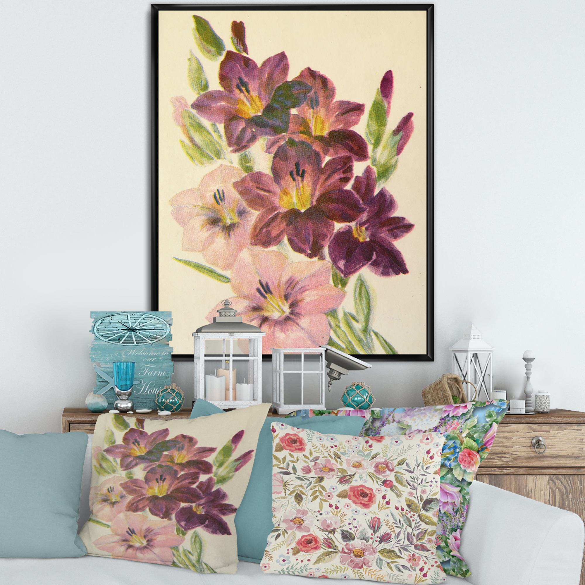 Designart 'Retro Dark and Light Pink Gladiolus' Traditional Framed Canvas Wall Art Print
