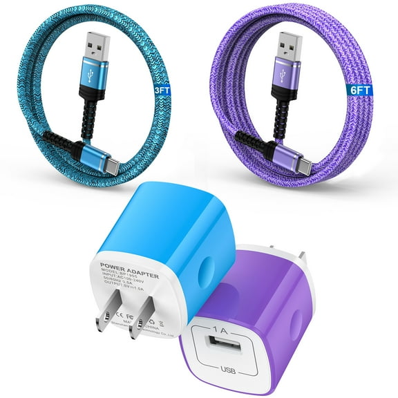 USB Charger Block,ABCPOW 2Pack USB C Charger Cable 6ft 3ft & 2pcs Android Charger Block Type C Charging Cable USB Charger Adapter Wall Plug Phone Charger Cord Type C Charging Block USB C Charger 6ft