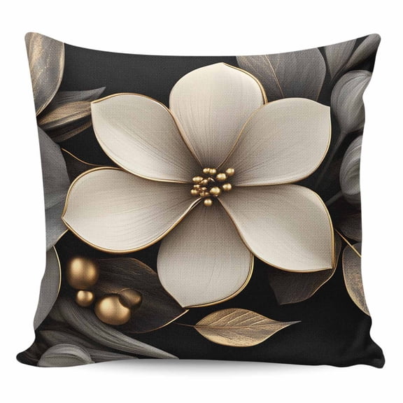 Throw Pillow Covers 20x20 Inch, Gold Black Flower Decorative Pillow Cases for Couch Sofa Bed, Blossoming Botanical Prints Leaf Cotton Linen Square Home Decor Pillowcases with Hidden Zipper