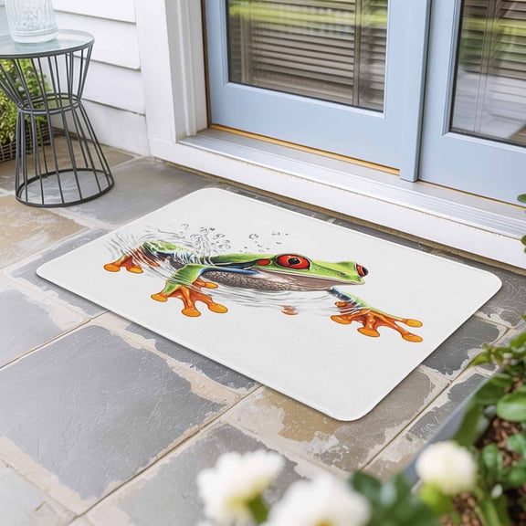 Green Funny Frog Door Mat Indoor Outdoor, Animal Vintage Artwork Watercolor Non Slip Welcome Mat with Rubber Backing, Absorbent Fabric Front Door Mats Entryway Rug for Home Patio Entrance 16"x24"