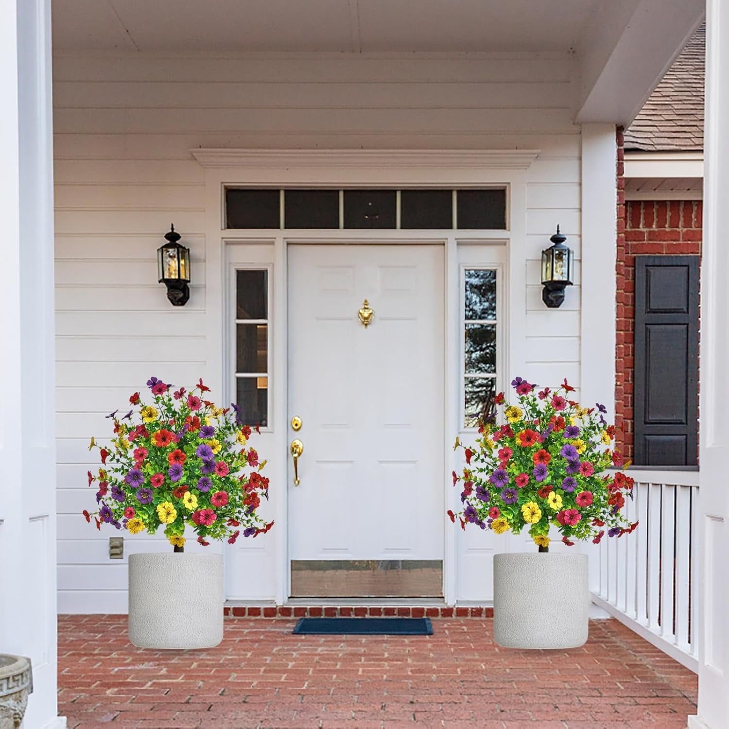 2 Pack Artificial Boxwood Topiary Ball Trees with Flowers Faux Plants Outdoor with Ground Spike 23" UV Resistant Faux Greenery Shrubs Fake Evergreen Plants for Garden Yard Porch