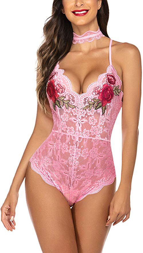 Women Lingerie Bodysuit Embroidered Lace Teddy with Choker One Piece Babydoll