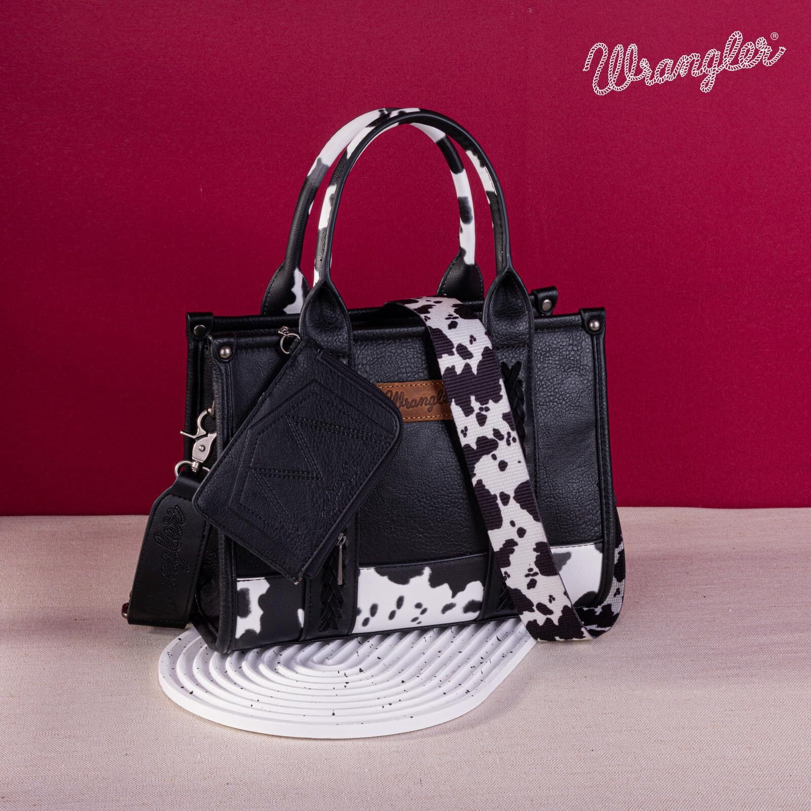 Wrangler Purse Medium Tote Bags for Women with Card Holder Wallet Designer Satchel Top-handle Handbags, Cow Print-Black