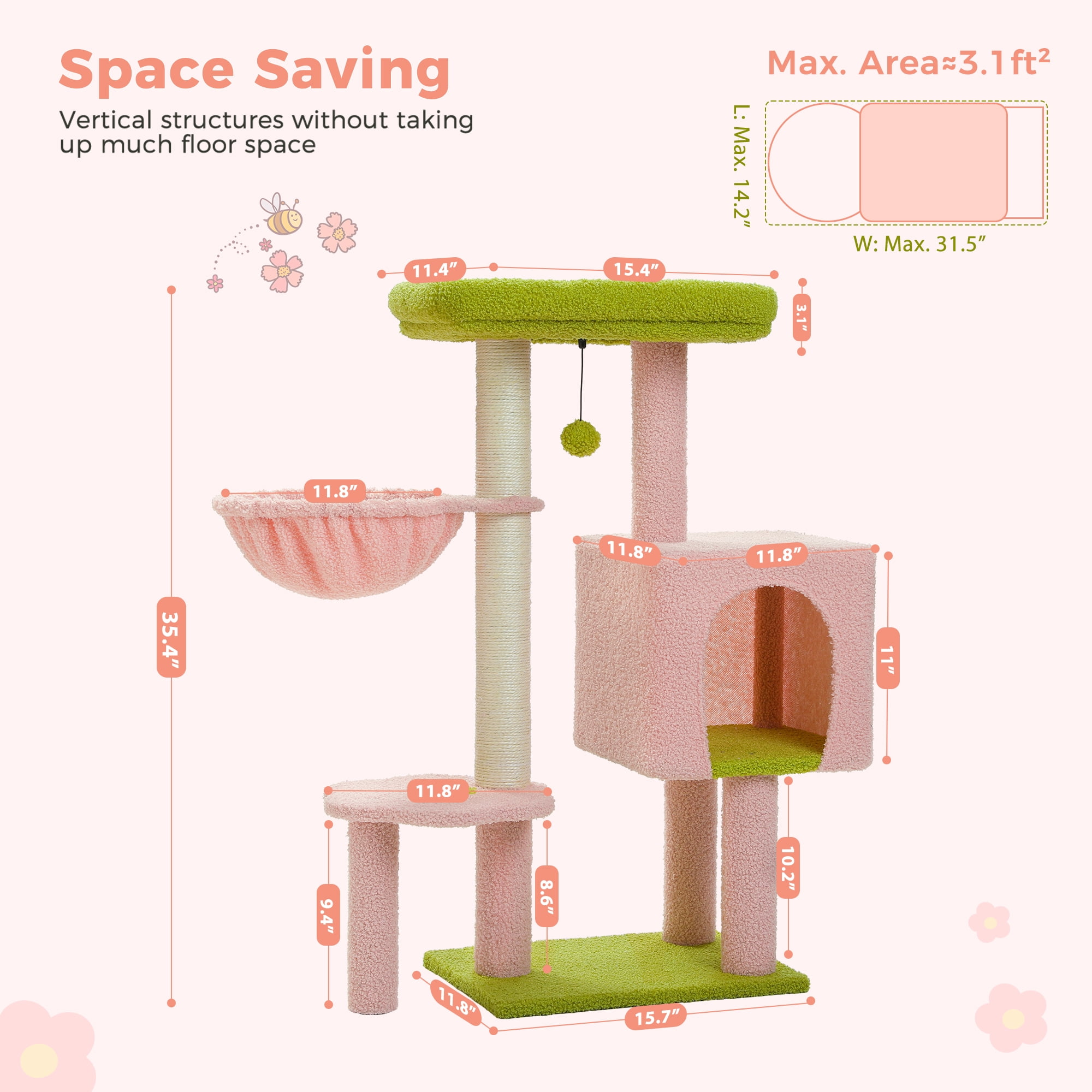 Pefilos 35.4" Flower Cat Tree Tower for Indoor Cats w/Large Top Bed, Comfy Hammock for Kittens, Cat Scratching Post and Dangling Ball, Pink