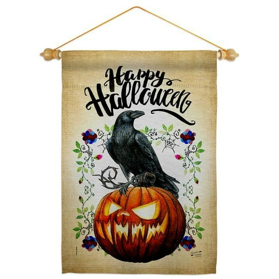 Angeleno Heritage GS130411-BO-05 Crow & Pumpkin Falltime Halloween 13 x 18.5. in. Double-Sided Decorative Horizontal House Garden Flag Set for Decoration Banner Yard Gift