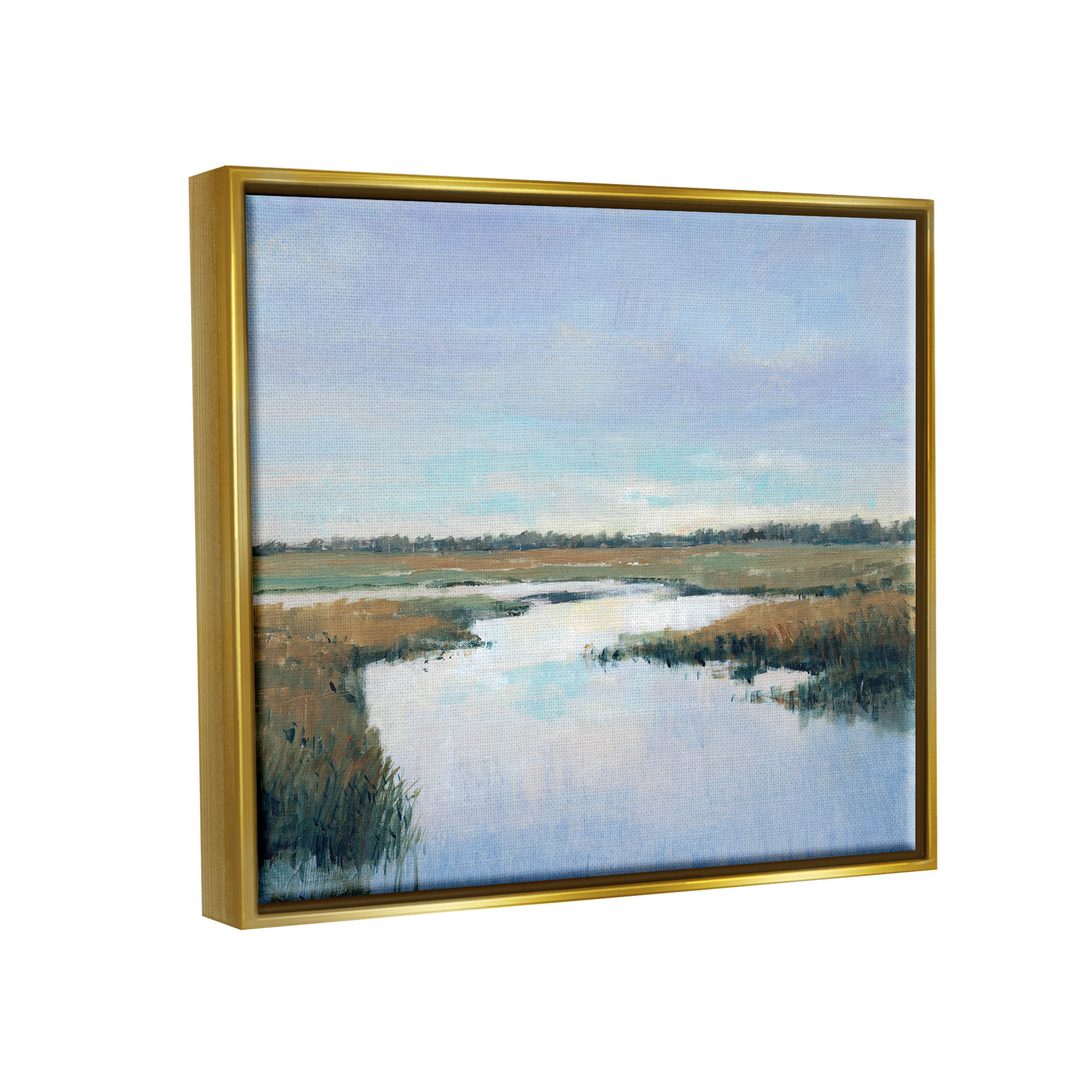 Stupell Industries Rural River Horizon Landscape Painting Metallic Gold Floating Framed Canvas Print Wall Art, Design by Tim OToole