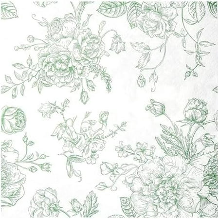 100 Floral Cocktail Napkins Sage Green White Toile Paper Napkins Vintage Flower Bouquet Disposable Hand Towels for Bridal Baby Shower Christmas Tea Party Supplies Table Decor (Green Floral)
