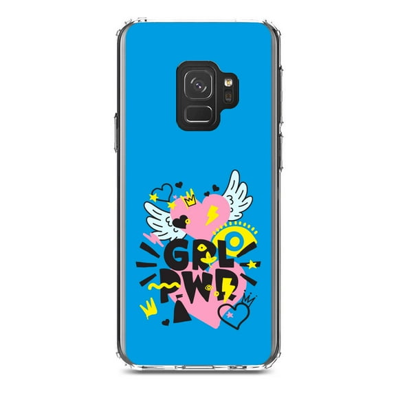 DistinctInk Clear Shockproof Hybrid Case for Samsung Galaxy S9 (5.8" Screen) - TPU Bumper, Acrylic Back, Tempered Glass Screen Protector - Girl Power - GRL PWR - Pink, Blue, Yellow