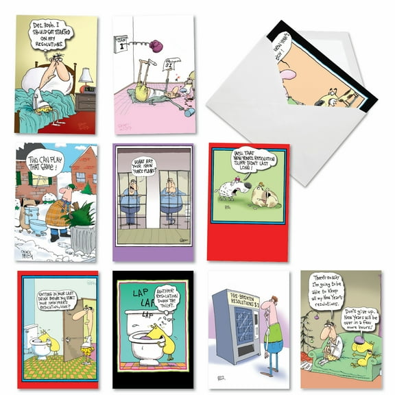 10 Assorted Set Funny New Year Greeting Cards - New Year's Punch Lines - Funny Illustrations with Various New Year Themes