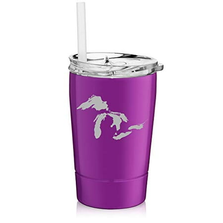 

12 oz Tumbler Double Wall Stainless Steel Vacuum Insulated Coffee Travel Mug With Straw Great Lakes Michigan (Purple)
