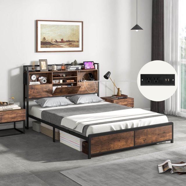 Exdeerjoy Industrial Metal Bed Frame With Storage Headboard And Charging Station, Full/Queen Size Platform Bed Frame With Metal Slats