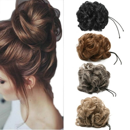 S-noilite Real Natural Curly Messy Hair Buns Extensions Hair Piece Scrunchie Updo Hair Extensions Dark black-50g