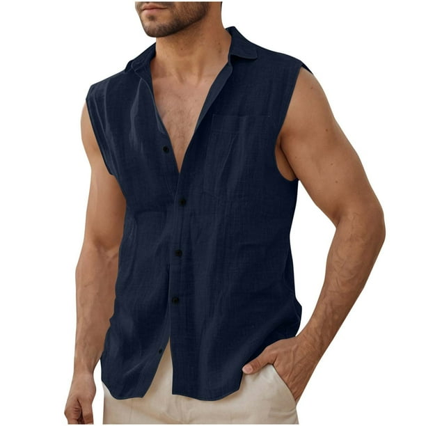 Top Abrigo Hombres Color Sólido Versátil Botón Solapa, Blusa sin Mangas de Lino de Algodón para el Verano