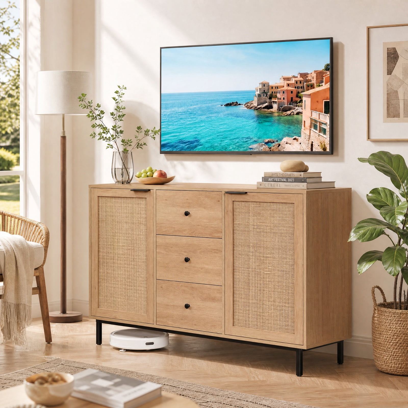 Furnibear Sideboard Buffet Cabinet Rustic Farmhouse Coffee Bar Table with 2 Rattan Doors and 3 Drawers for Kitchen Dining Living Room Buffet, Natural
