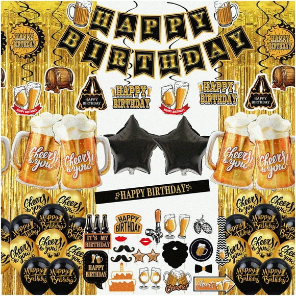 Celebrate & Shine Party Kit - 61pcs Black & Gold Happy Birthday Decorations for Men & Women! Includes Banner, Sign, Latex Balloons, Fringe Curtains, Cheers to You F Balloons, Hanging Swirls, and Photo