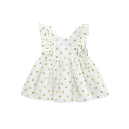 

Summer Princess Little Girls Dress Polka Dot Printed Ruffles Fly Sleeve Mesh Lace A-Line Dress