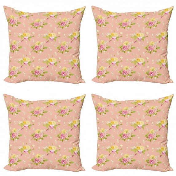 Ambesonne Shabby Flora Throw Pillow Cover 4 Pack, Bridal Roses Old, 16", Multicolor