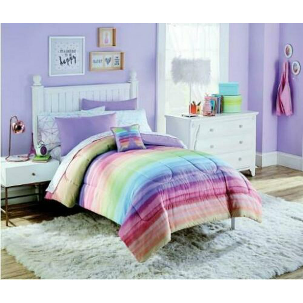 Rainbow Ombre Stripes Girls Colorful Twin Comforter Set (6 Piece Bed In