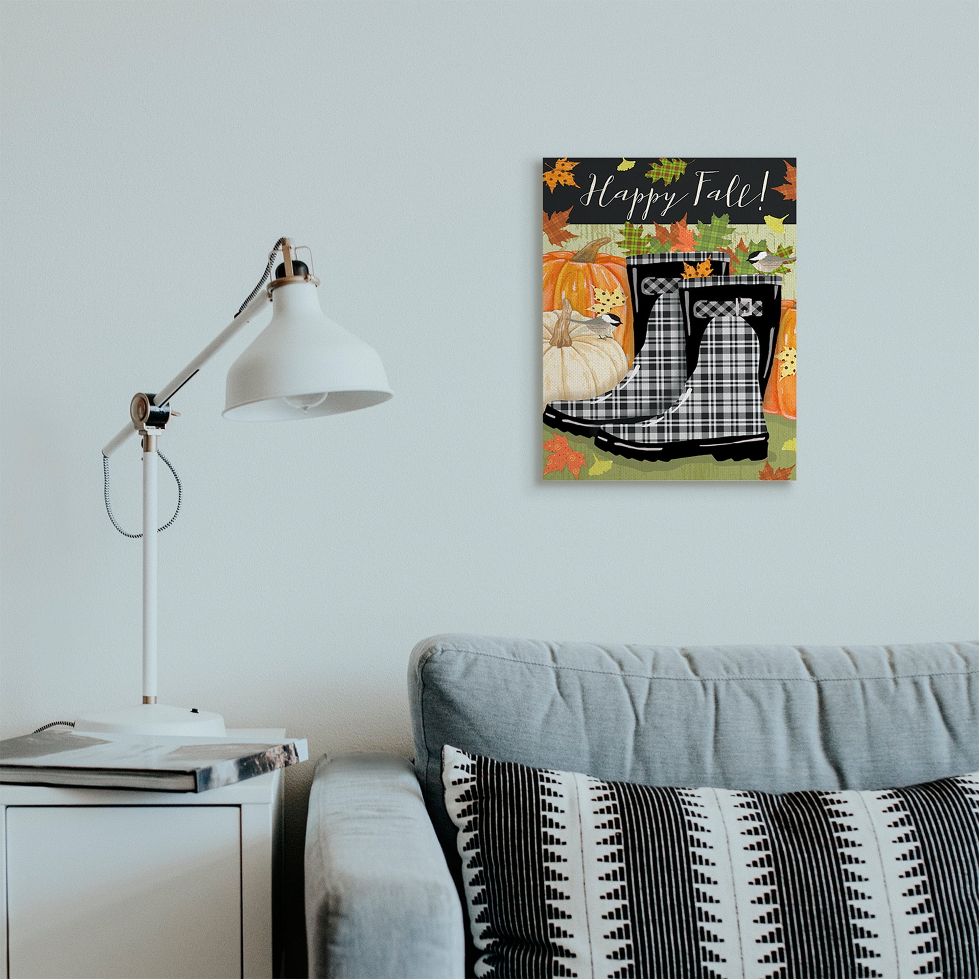 Stupell Industries Happy Fall Phrase Black Rainboots and Pumpkins Landscape Painting Gallery Wrapped Canvas Art Print Wall Art, 16 x 20