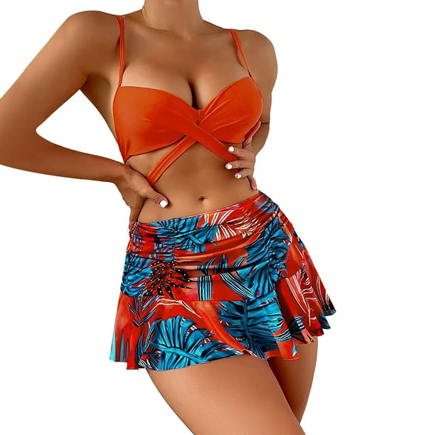 PMUYBHF Female Womens Swimsuits Plus Size Tankini with Shorts Women's 2  Piece Hawaii Push Up Halter Bikini Swimsuit High Waist Bathing Suit Red S 
