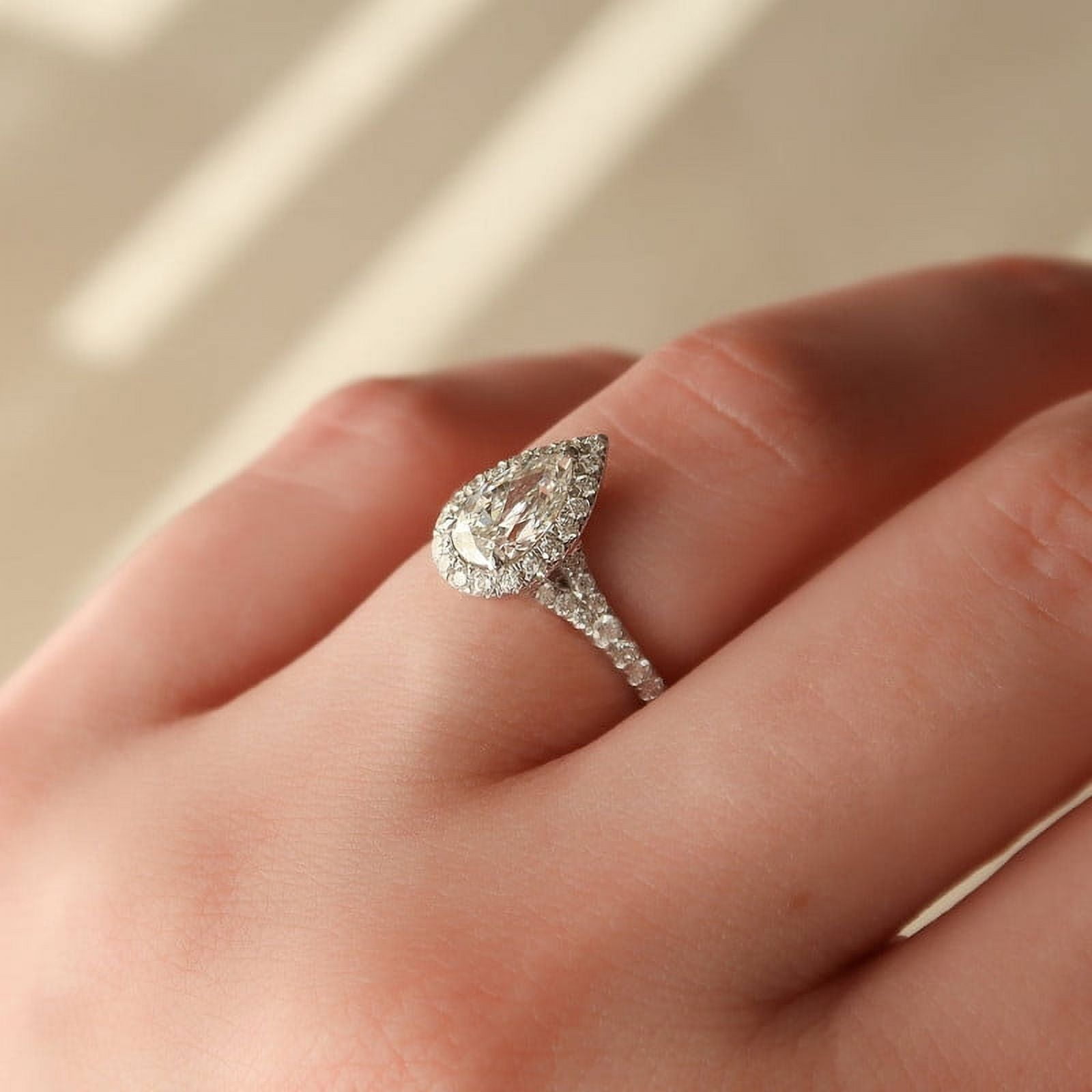 solitaire jewels Art Deco Pera Moissanite Engagement Ring For Women With Split Shank, 10K White Gold