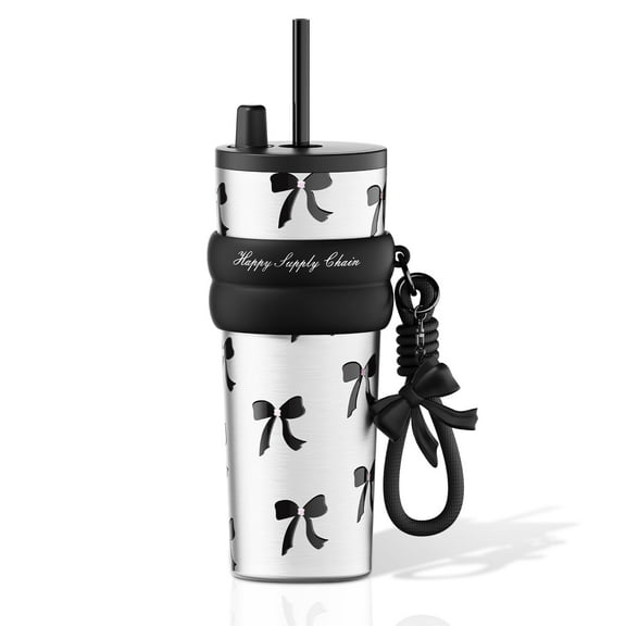 24 oz Stainless Steel Tumbler with Bow Decoration, Lid & Straw Included, Insulated Leak-Proof Water Bottle, Reusable Coffee Mug for Travel & Daily Use