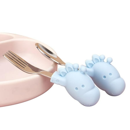 

2Pcs Silicone Baby Spoon Fork Set Cute Cartoon Animal Baby Feeding Dishes Tableware for Kids Learn To Eat Training Spoon Forks