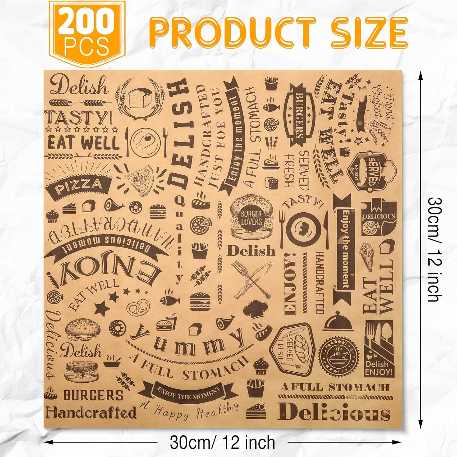 Marspark 200 Pcs Deli Wax Paper Sheets 12 x Inch Square Grease Resistant Tray Basket Liners Hot Dog Wrappers Newsprint Water and Proof Sandwich Wrapping for Food Baking (Brown Black)
