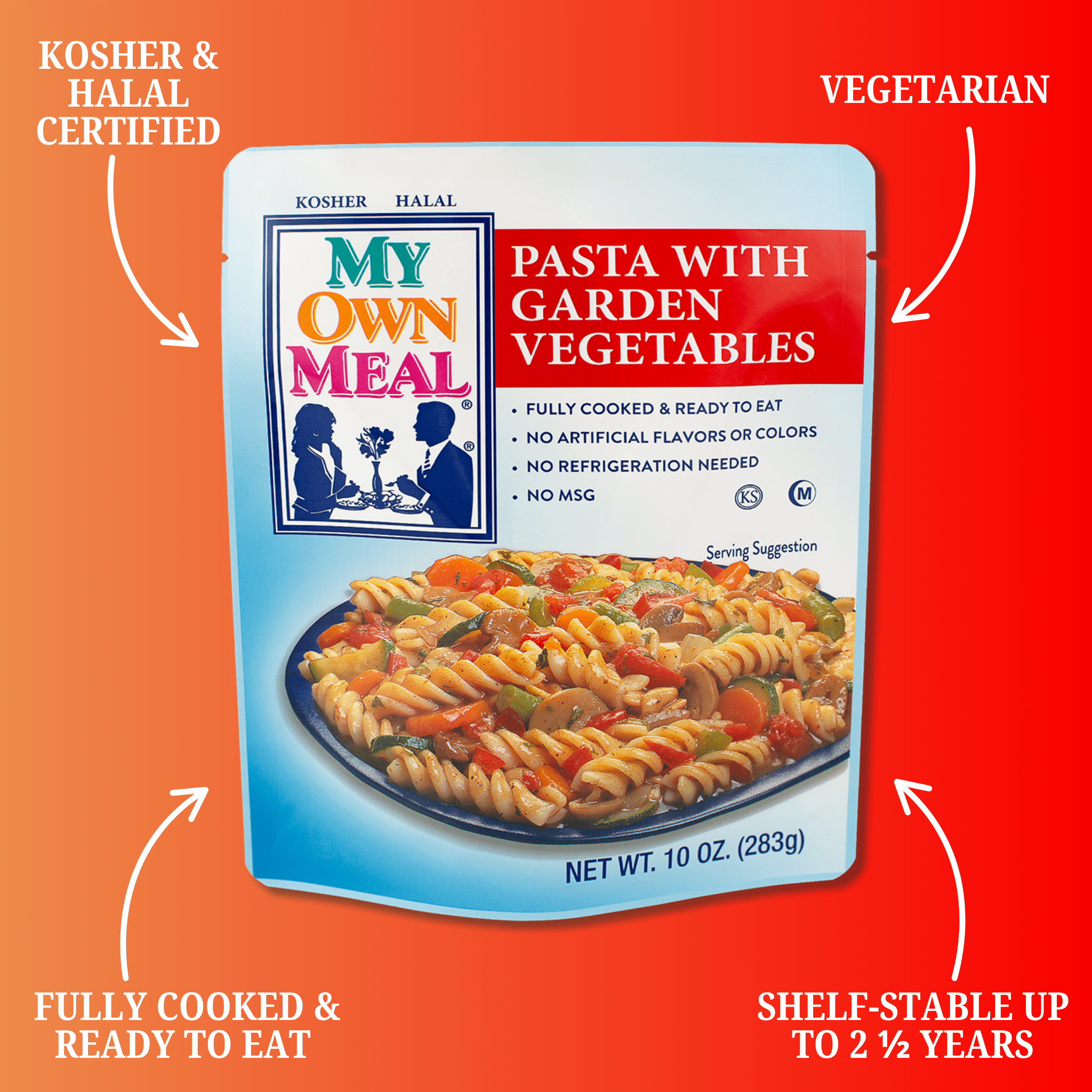 My Own Meals Pasta with garden Vegetables, kosher, Shelf Stable, 10 OZ Pack of 6