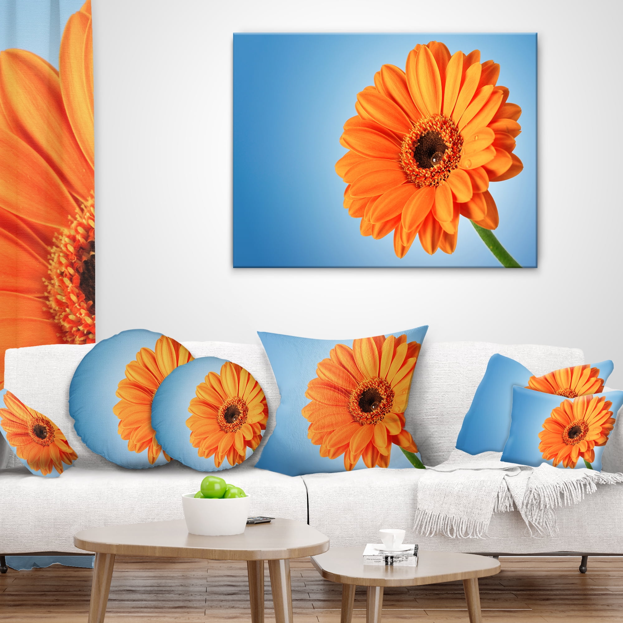 Designart Orange Daisy Gerbera Flower on Blue - Floral Throw Pillow - 16x16