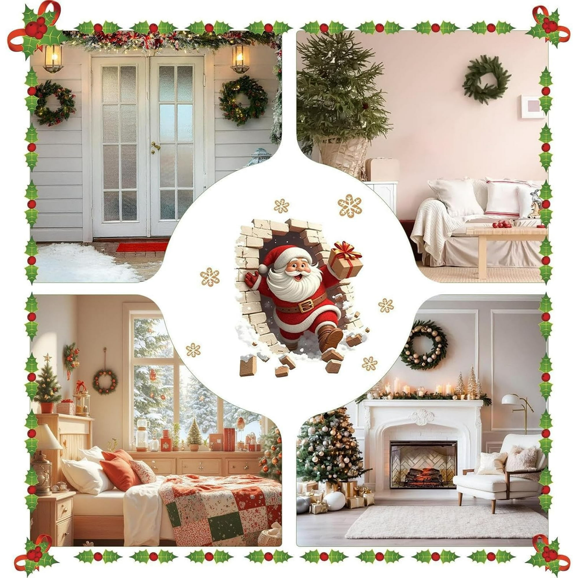 Christmas Wall Stickers - Large Santa Claus Wallbreaking Christmas Stickers, 3D Santa Breaking Through The Wall Window Decal, Removable Winter Xm-as Decor For Party Kitchen Living Room Bathroom