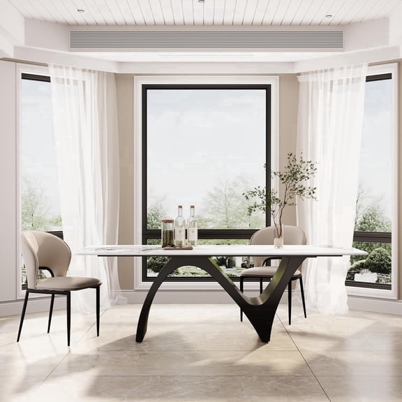 Modern Dining Table for 6, Sintered Stone Dining Tabletop with Unique N-Shaped Metal Base, 71" Rectangle Dining Table for Dining Room Table Kitchen (Table Only)