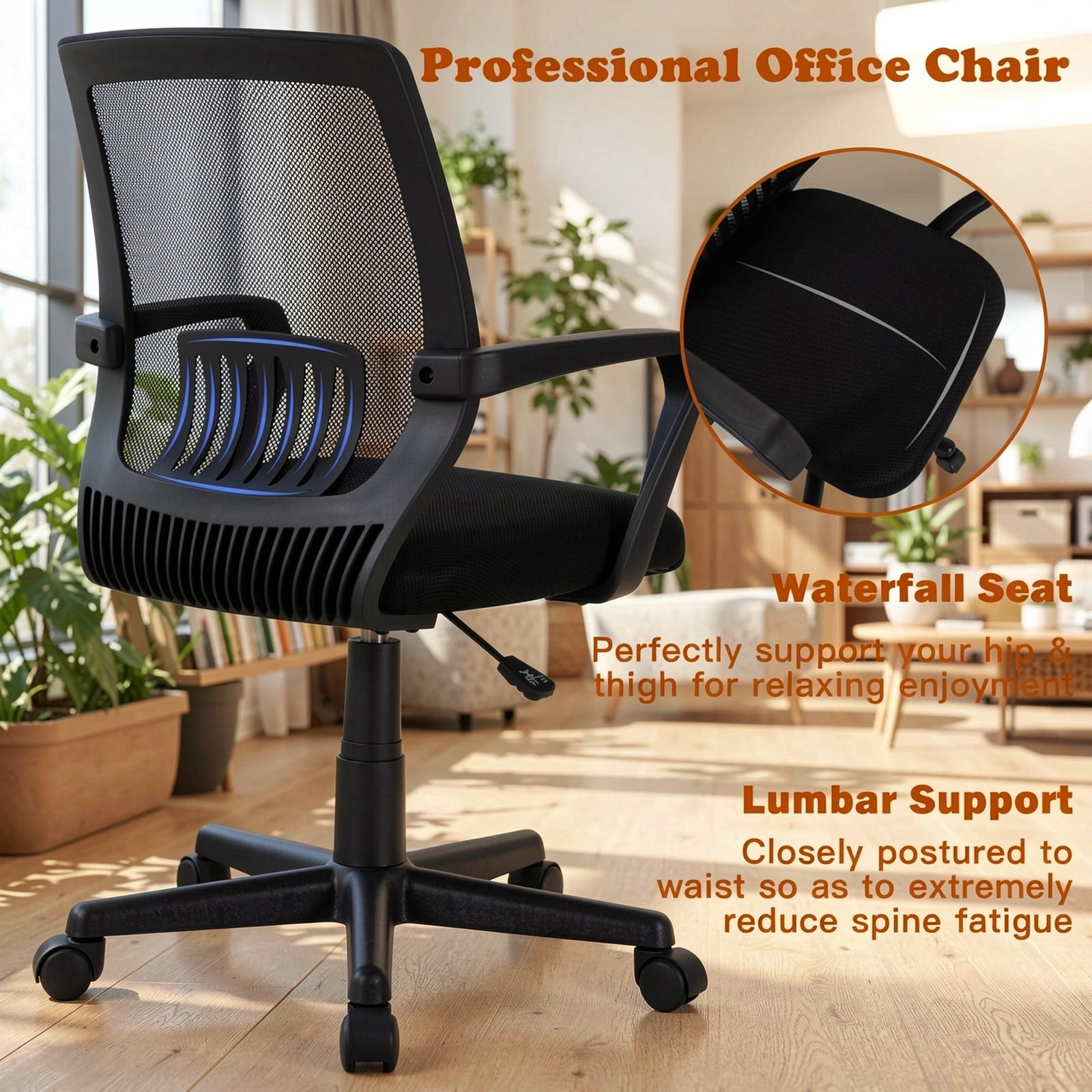 Furnibear Ergonomic Mesh Office Chair with Lumbar Support, Mid-Back Swivel Executive Desk Chair Adjustable Height for Home Office, Black