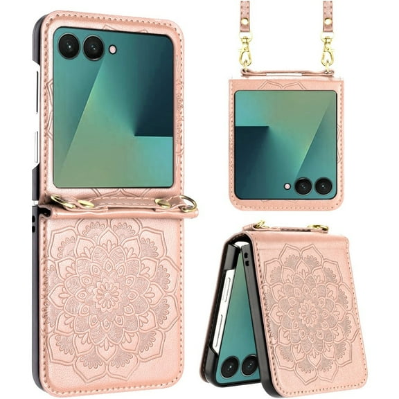 For Samsung Z Flip 7 Embossed Floral Design Case Cover with Strap - Rose Gold