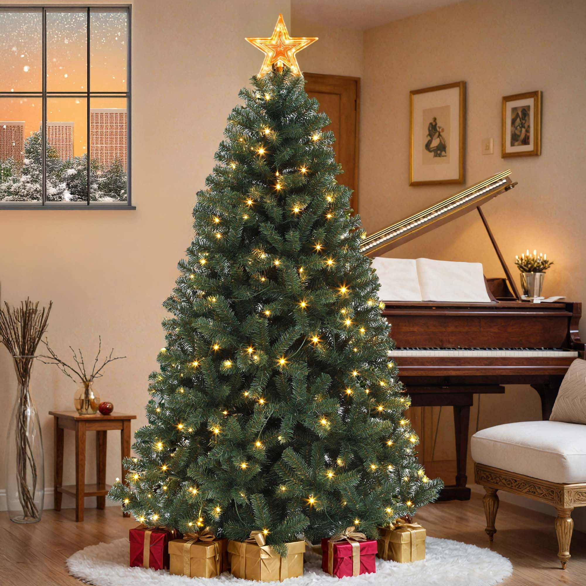 Uforic 6ft Pre-Lit  Artificial Christmas Tree with 1000 Branch Tips&250 Warm Lights, Remote Control, Green
