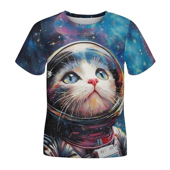 Hienoo Boys Short Sleeved T Shirt Cartoon Cat Print O Neck T-Shirt Graphic Tee, Sizes 1-13