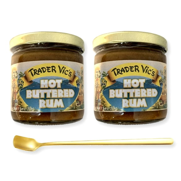 Trader Vic's Hot Buttered Rum Batter Mix (Hot Toddy) 9.9 Oz. X 2 Jars with Bonus Gift Gold Stainless Steel Cocktail Stirring Spoon (3-Pc Set)