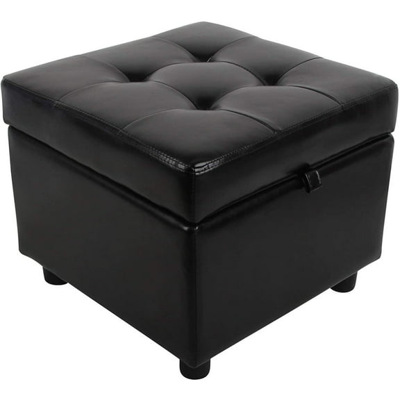 Tufted Leather Square Flip Top Storage Ottoman Cube Foot Rest, Black ST-SOPUBL1